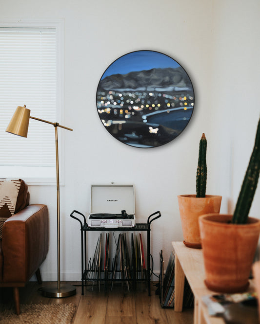 Wanaka Night Fall - Bokeh oil painting on round canvas