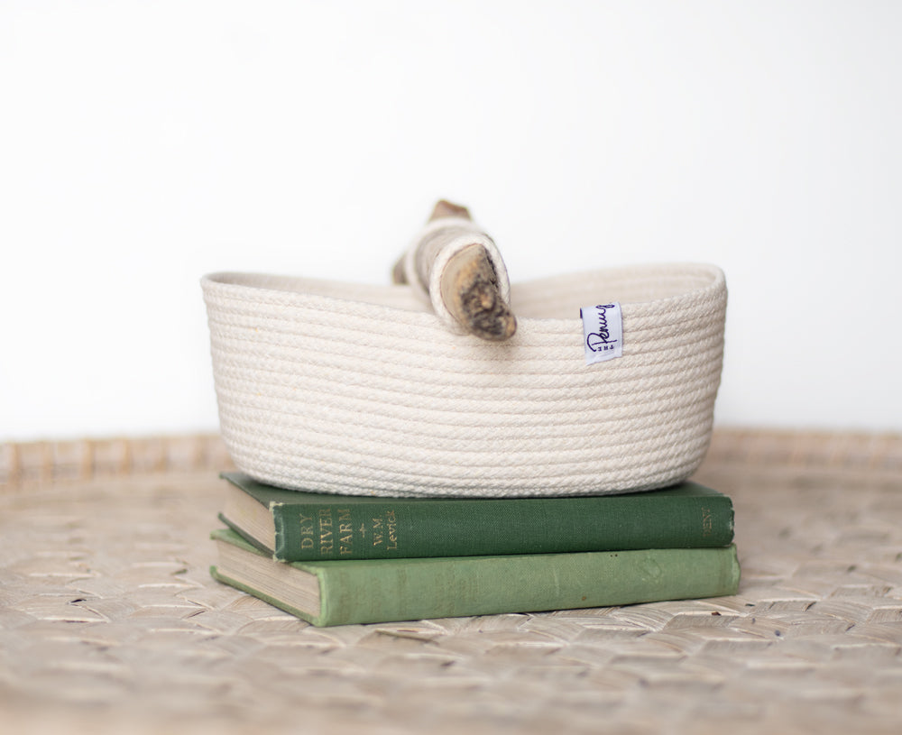 Oval coiled rope basket with handle