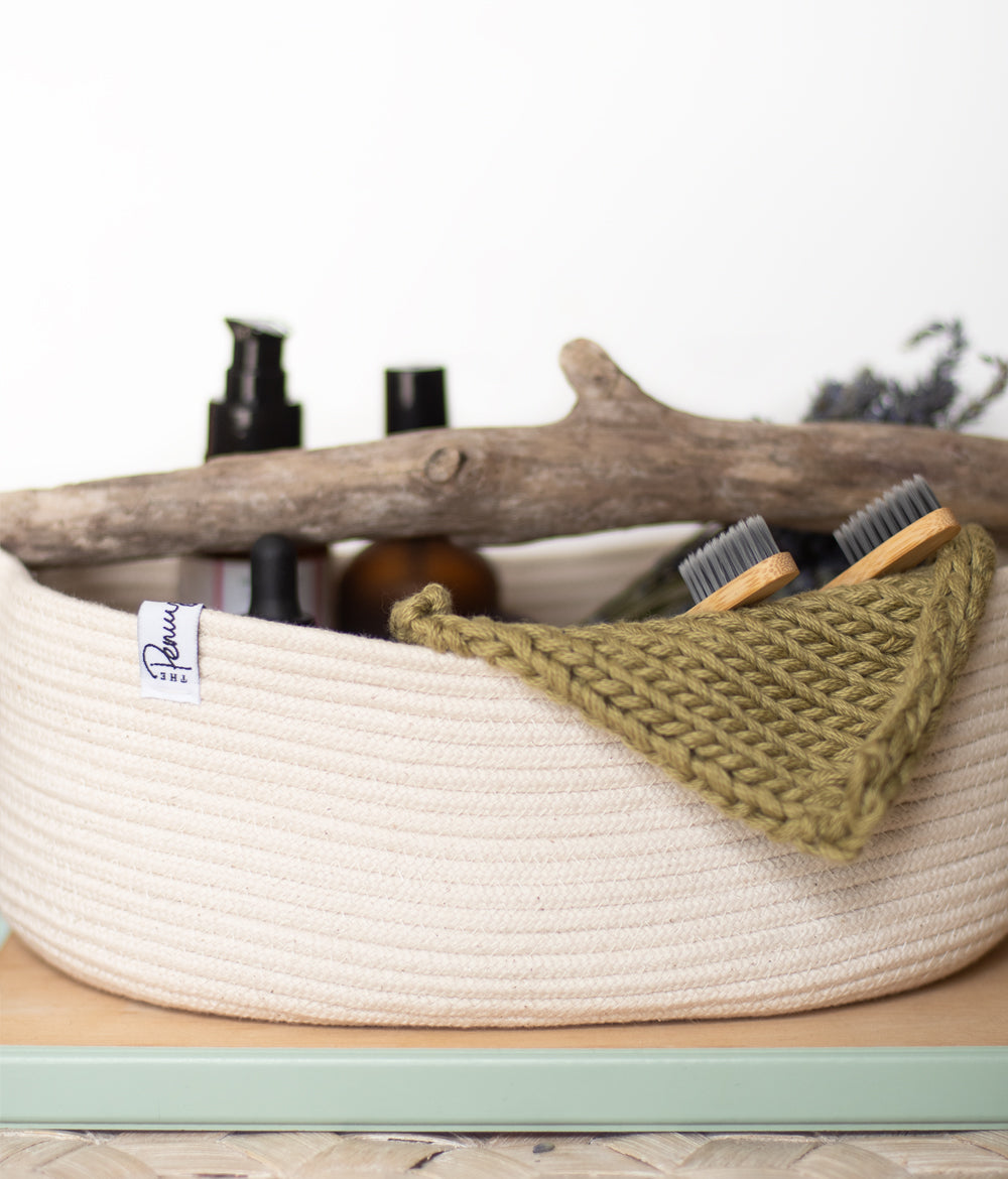 Large coiled rope basket with driftwood handle