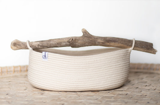 Large coiled rope basket with driftwood handle