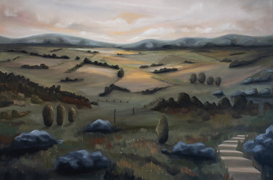 Large oil painting of sunset over rural landscape