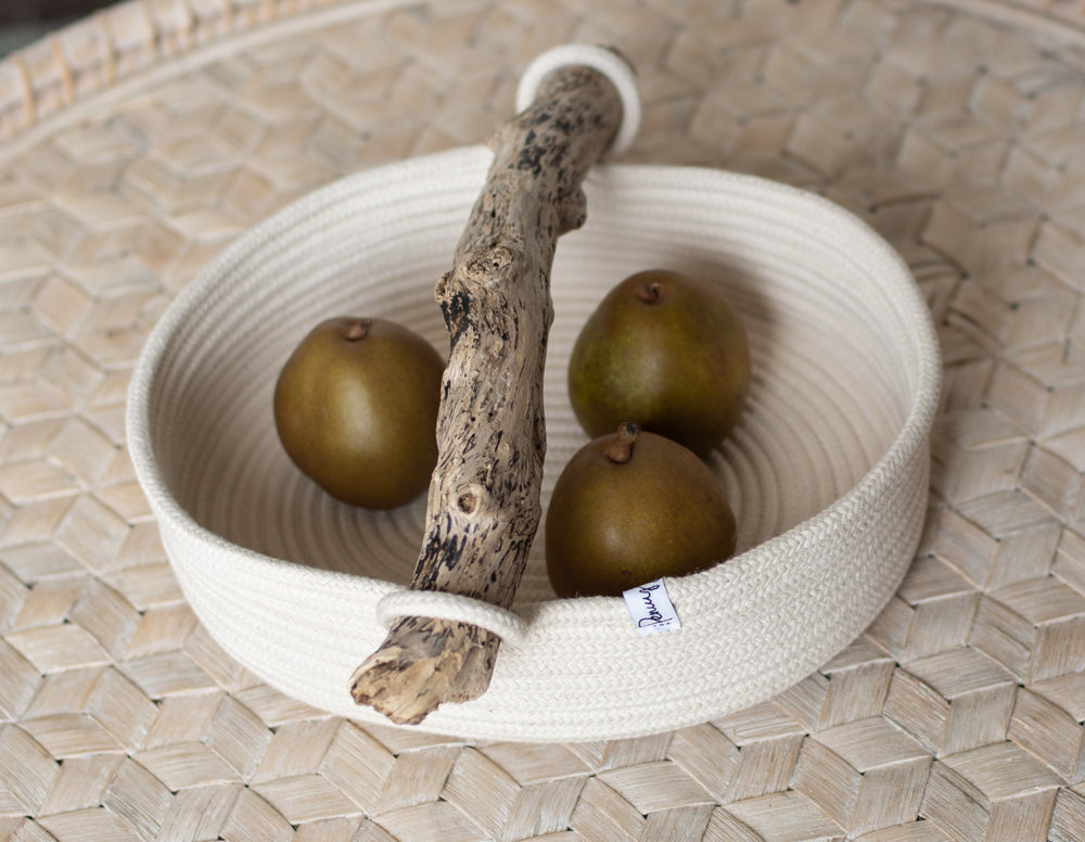 Oval basket with chunky rope and driftwood handle