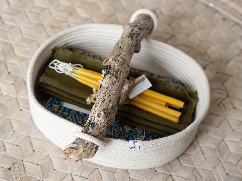 Oval basket with chunky rope and driftwood handle