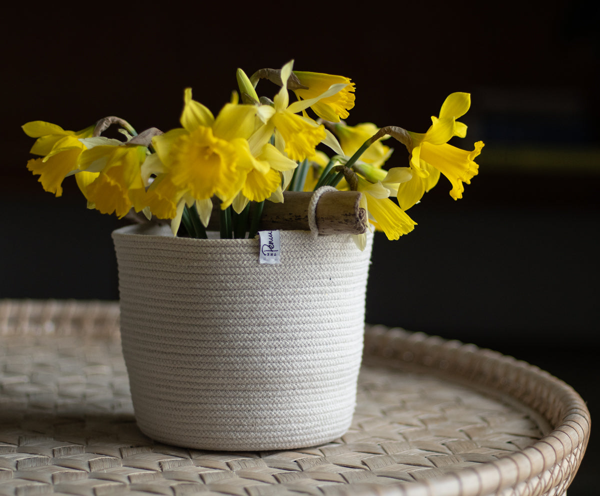 Tall rope basket with driftwood handle